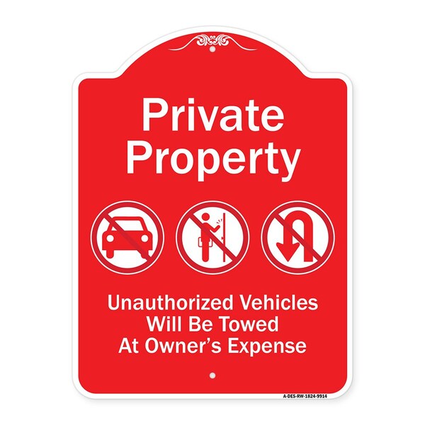 Private Property Unauthorized Vehicles Towed No Cars No Solicitors No Turn Around Sym, RW-1824-9914